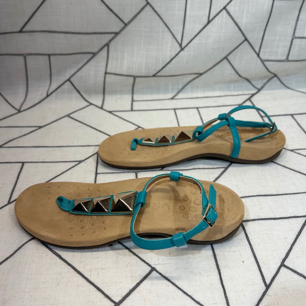 Vionic Sandals Size 8 Teal Leather Gold Studded Orthotic T-Strap Ankle Strap - Picture 4 of 9